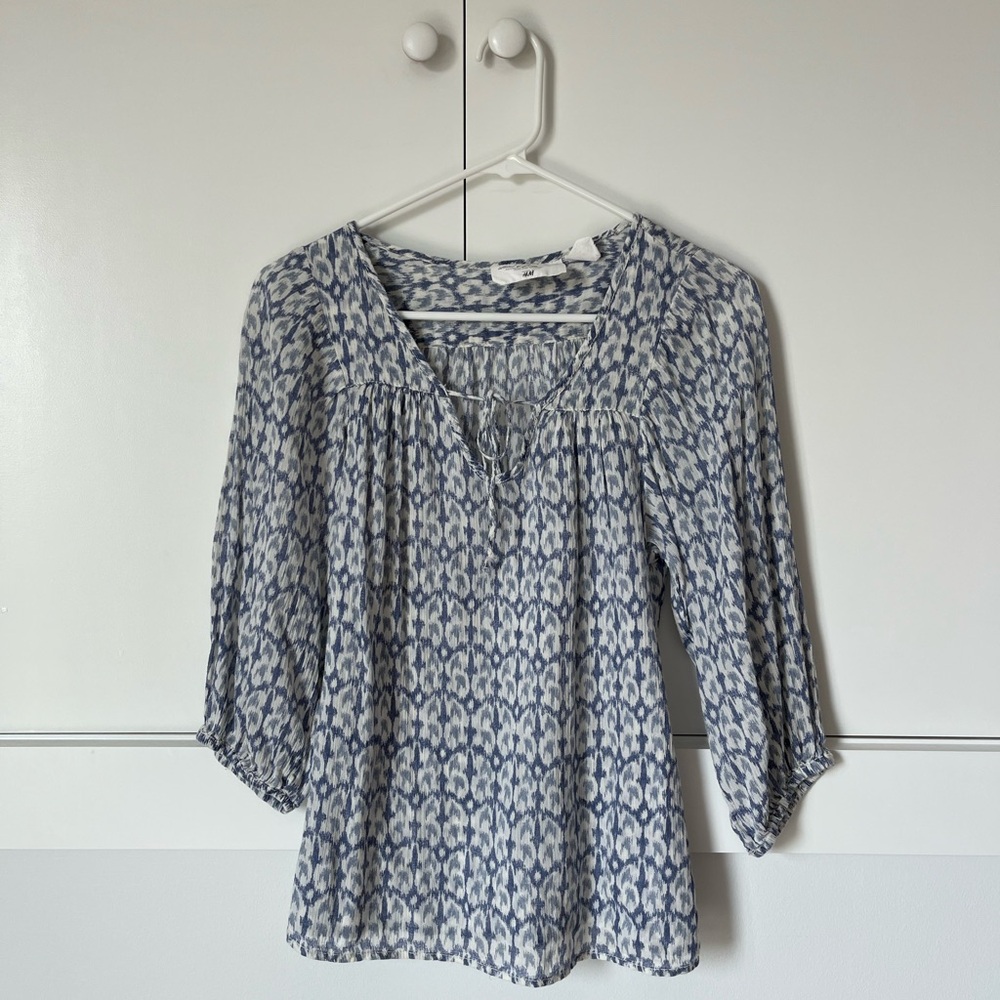 H&M Blue and White Tie-Neck Peasant Blouse